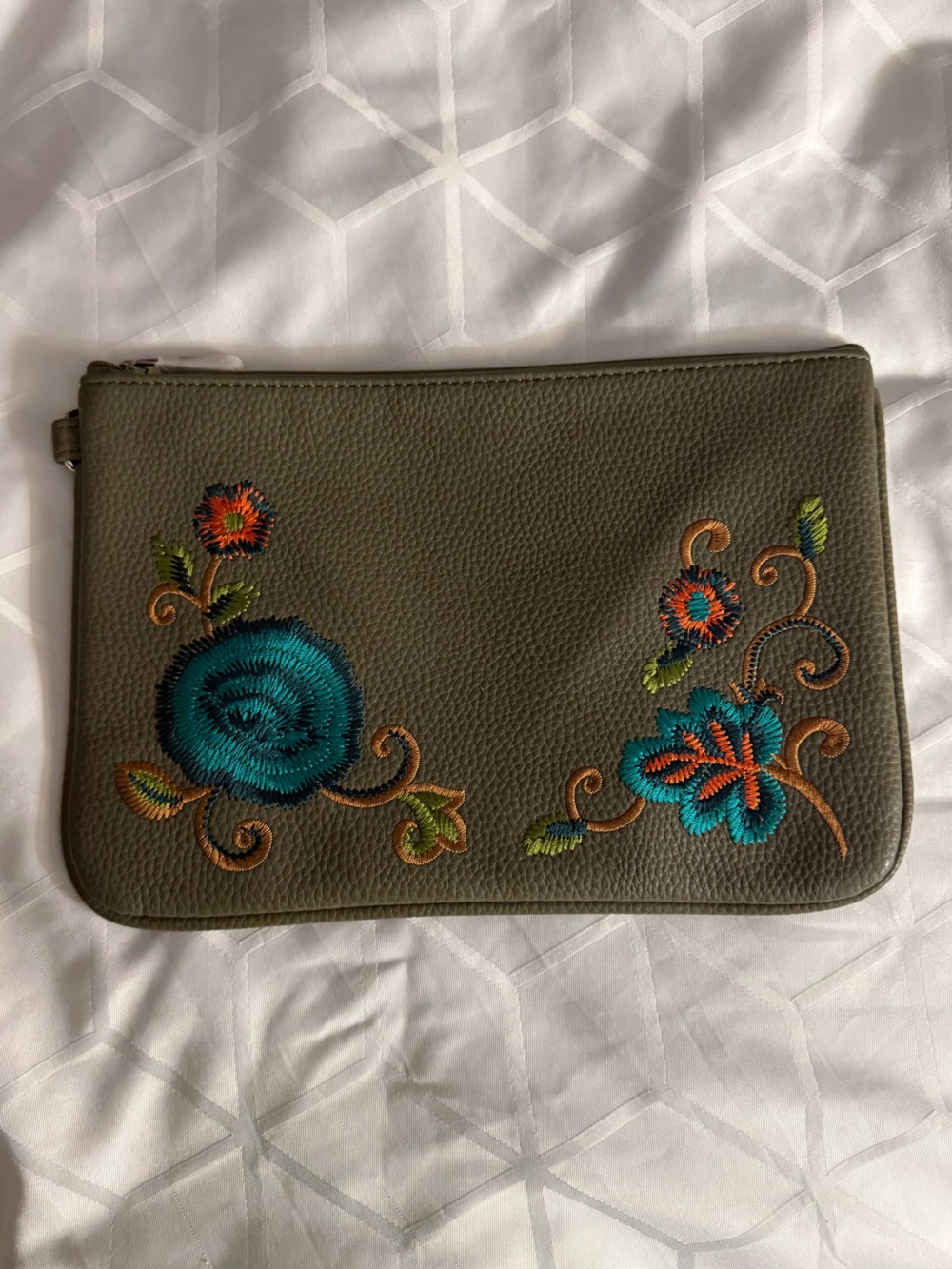 thirty-one Olive Green Embroidered Clutch with Teal and Orange Floral Accents